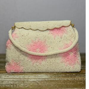 Vintage Beaded Purse Clutch Fairycore Elegant  White Pink Flowers Evening Bag